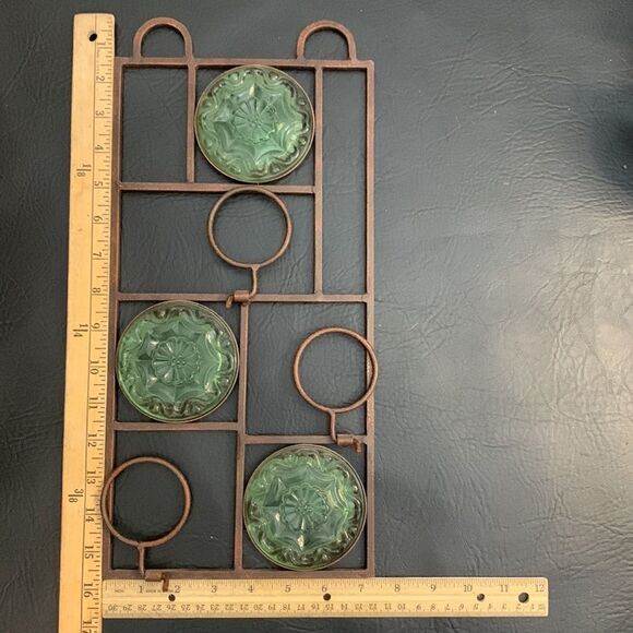 Party Lite Candle 3 Votive Holder Heavy Green Glass Metal Wall Decor In Out Door - Picture 6 of 7
